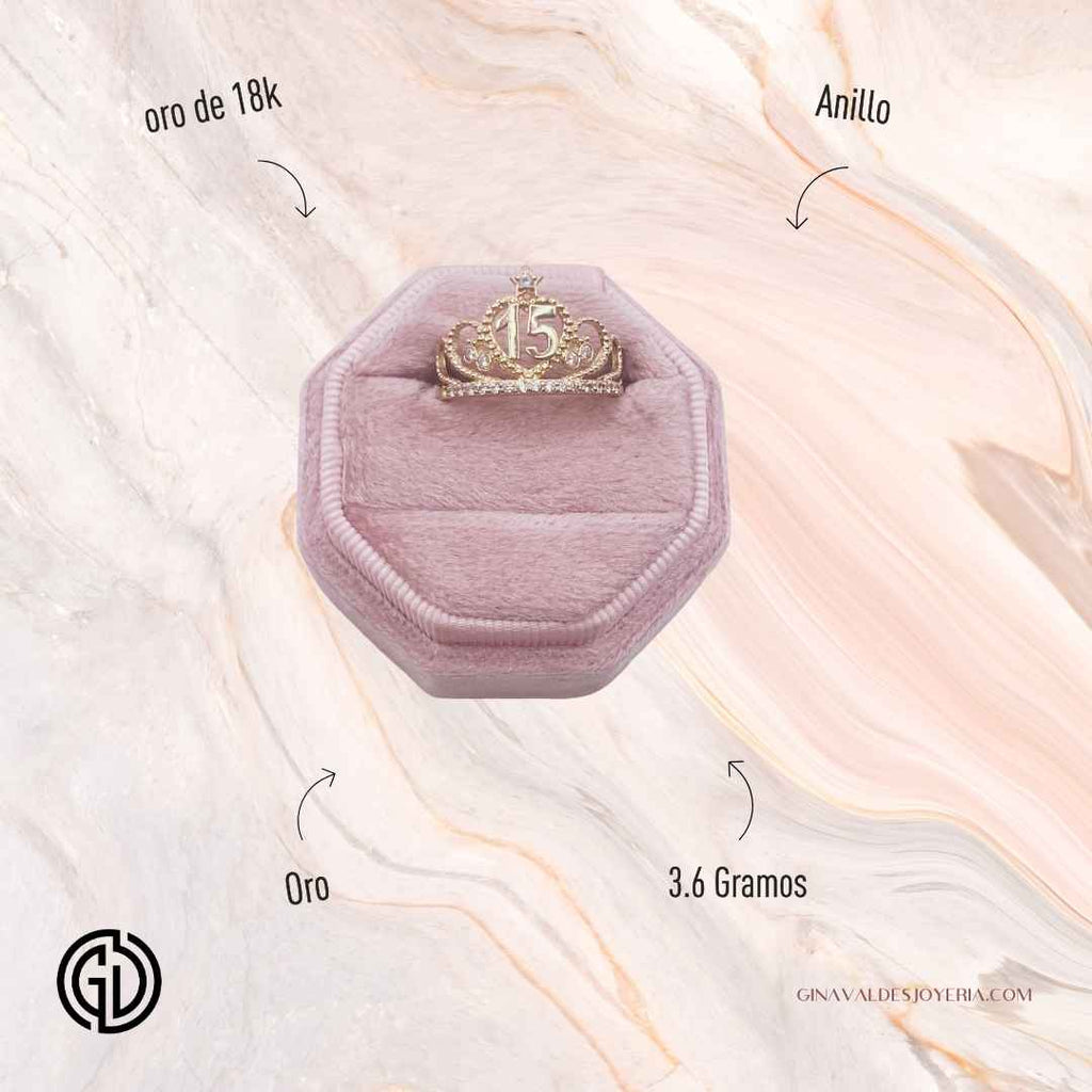 Anillo Quinceañera Corona en Oro 18K con Circones