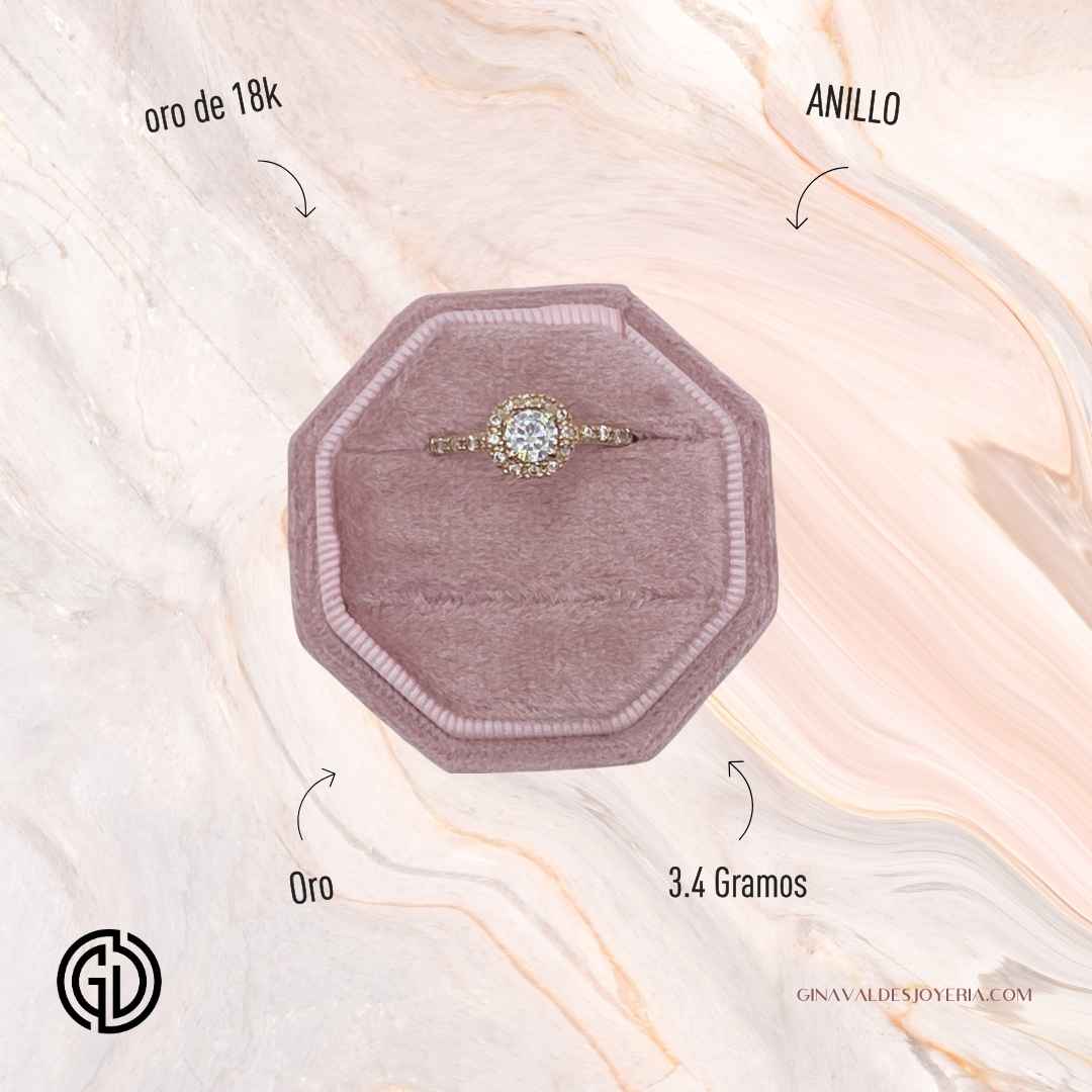 Anillo Solitario Halo en Oro 18K con Circones